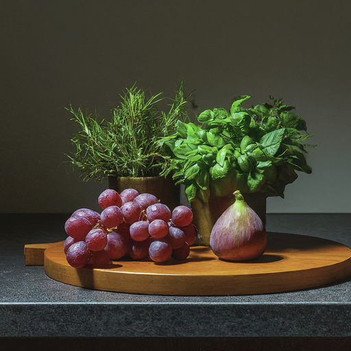 a kitchen counter set with neatly arranged fruits and vegetables